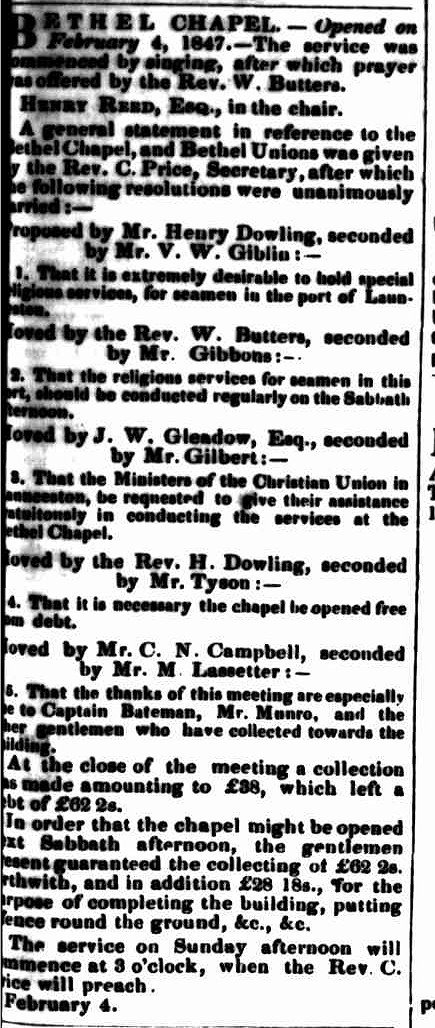 Bethel3 Launceston Examiner 6 Februaryy 1847